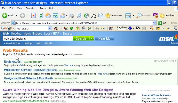 Award Winning Web Site Designs #1 rank at MSN Search!
