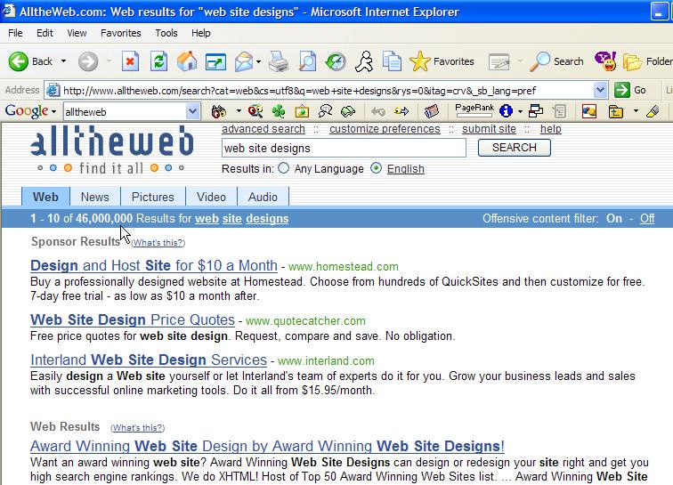Award Winning Web Site Designs top ranking at All The Web!